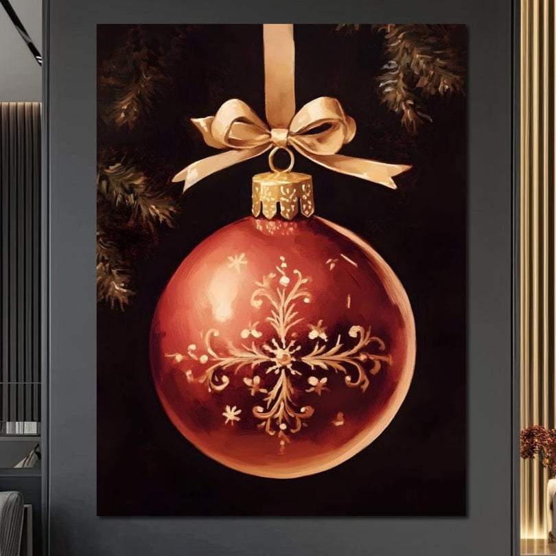 Tablou canvas premium LuxCanva® D1079: ornament roșu de Crăciun cu modele aurii și fundă aurie, atârnat de o ramură pe fund închis. Ideal pentru camera copilului, living sau dormitor.