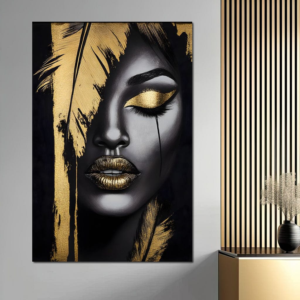 Tablou Canvas Premium, LuxCanva® G1150, Lacrima Unei Zeite, Auriu, Tacere, Liniste, Inger, Pana, Noapte, Intuneric, Frumusete, Regina, Buze, Sarut, Salon, Birou, Living, Dormitor