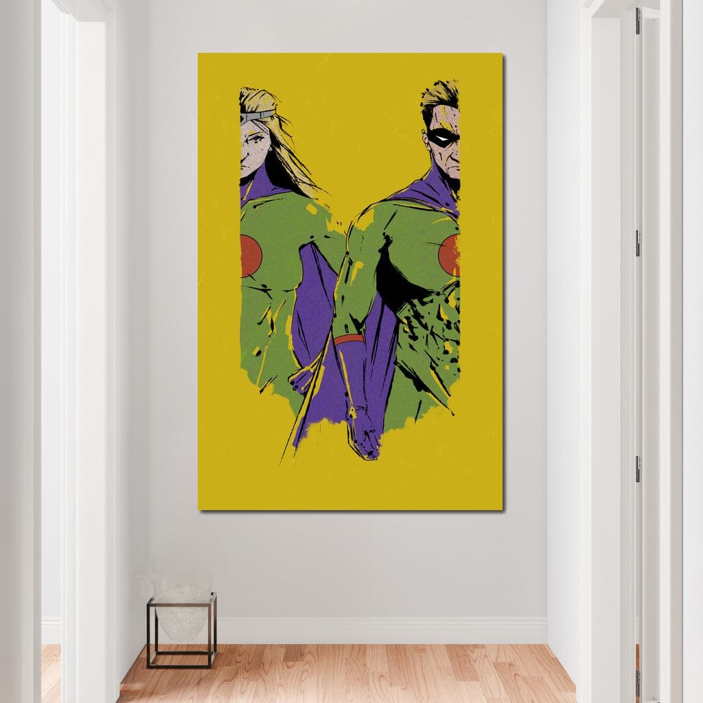 Tablou Canvas Premium, LuxCanva® K1013, Eroii Din Povesti, Duo, Misiune, Curaj, Gardieni, Galaxie, Eroi, Fantastici, Scut, Galben, Supereroi, Benzi, Desenate, Camera Copii