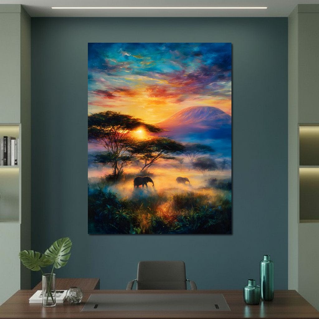 tablou canvas cu un peisaj de savana la apus de soare, cu elefanti prin iarba