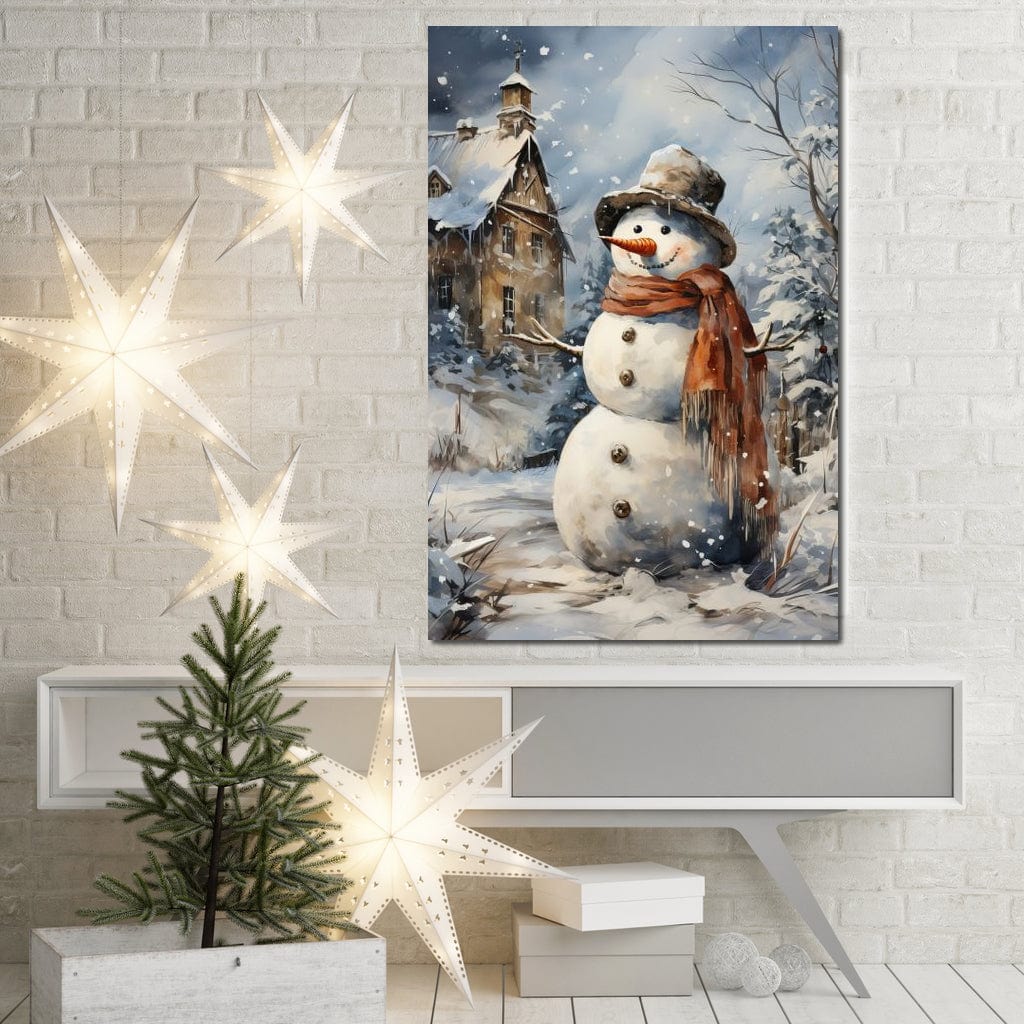 Tablou Canvas Premium LuxCanva® D1023, Zambetul Omului de Zapada , Fular, Palarie, SnowMan, Curte, Copii, Living Room, Culori vibrante