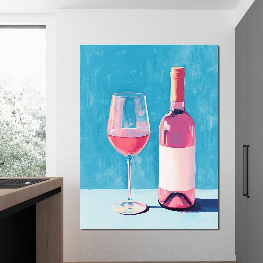 tablou canvas cu o sticla si un pahar de vin rose, pictate pe fundal albastru pastelat