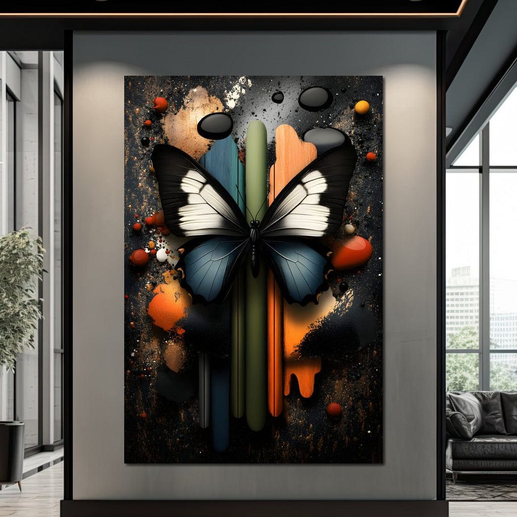 tablou canvas cu un fluture albastru, alb si negru, pe fundal abstract cu pete de culoare verticale