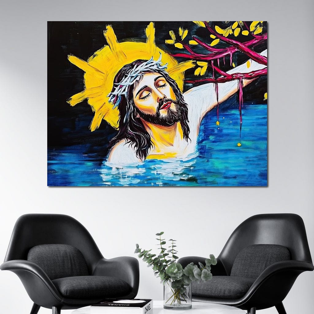 Tablou Canvas Premium LuxCanva® H1054, Jertfa si Lumina, Iisus, Sacrificiu, Iertare, Lumina, Sange, Apa, Ramuri, Coroana, Arta Religioasa Moderna, Living, Dormitor