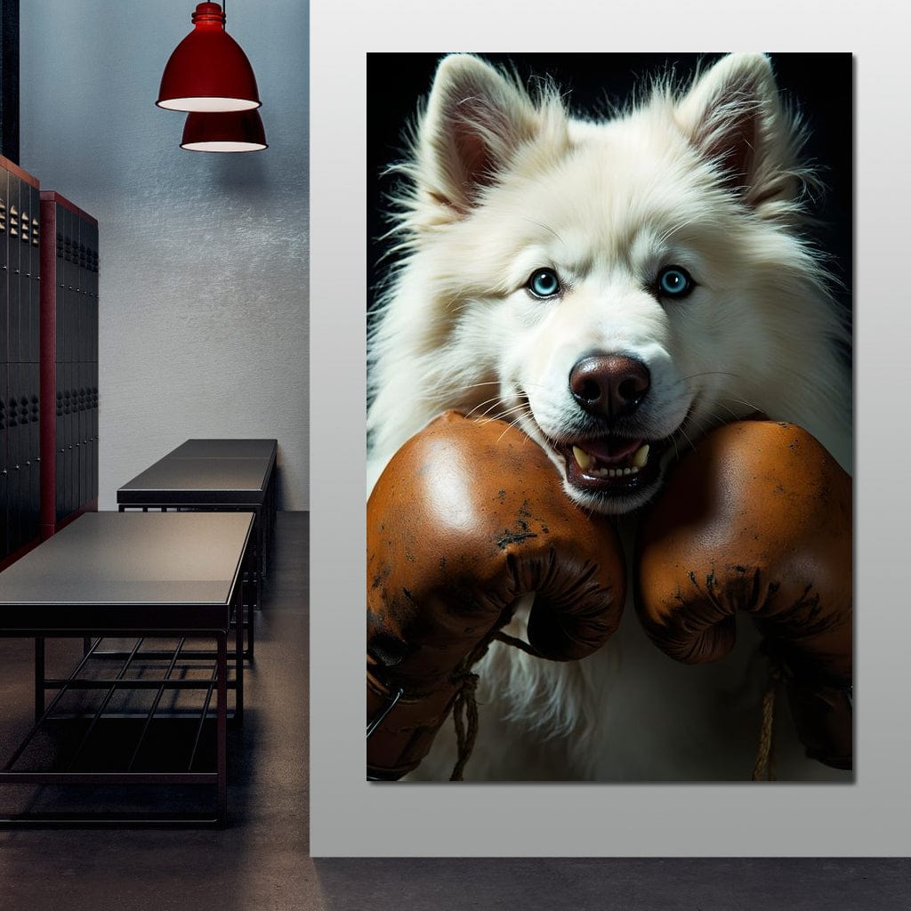 tablou canvas cu un caine husky alb cu ochi albastri, purtand manusi de box prafuite
