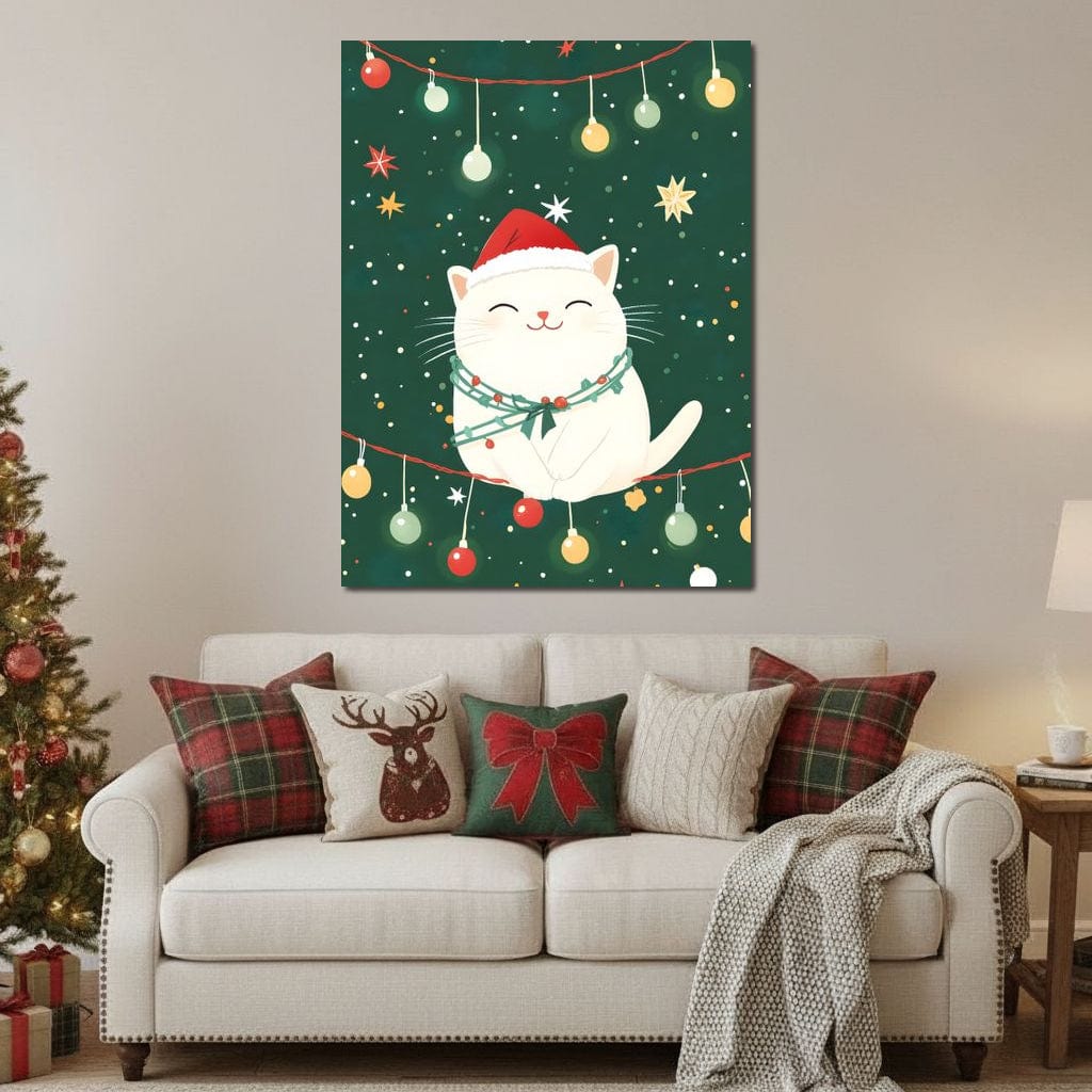 Tablou Canvas Premium, LuxCanva® D1092, Craciunul Pisicii Jucause, Christmas, Globuri, Cadouri, Pisica, Dragalas, Animal, Companie, Verde, Rosu, Bucurie, Straie, Magie, Camera Copil, Living, Dormitor