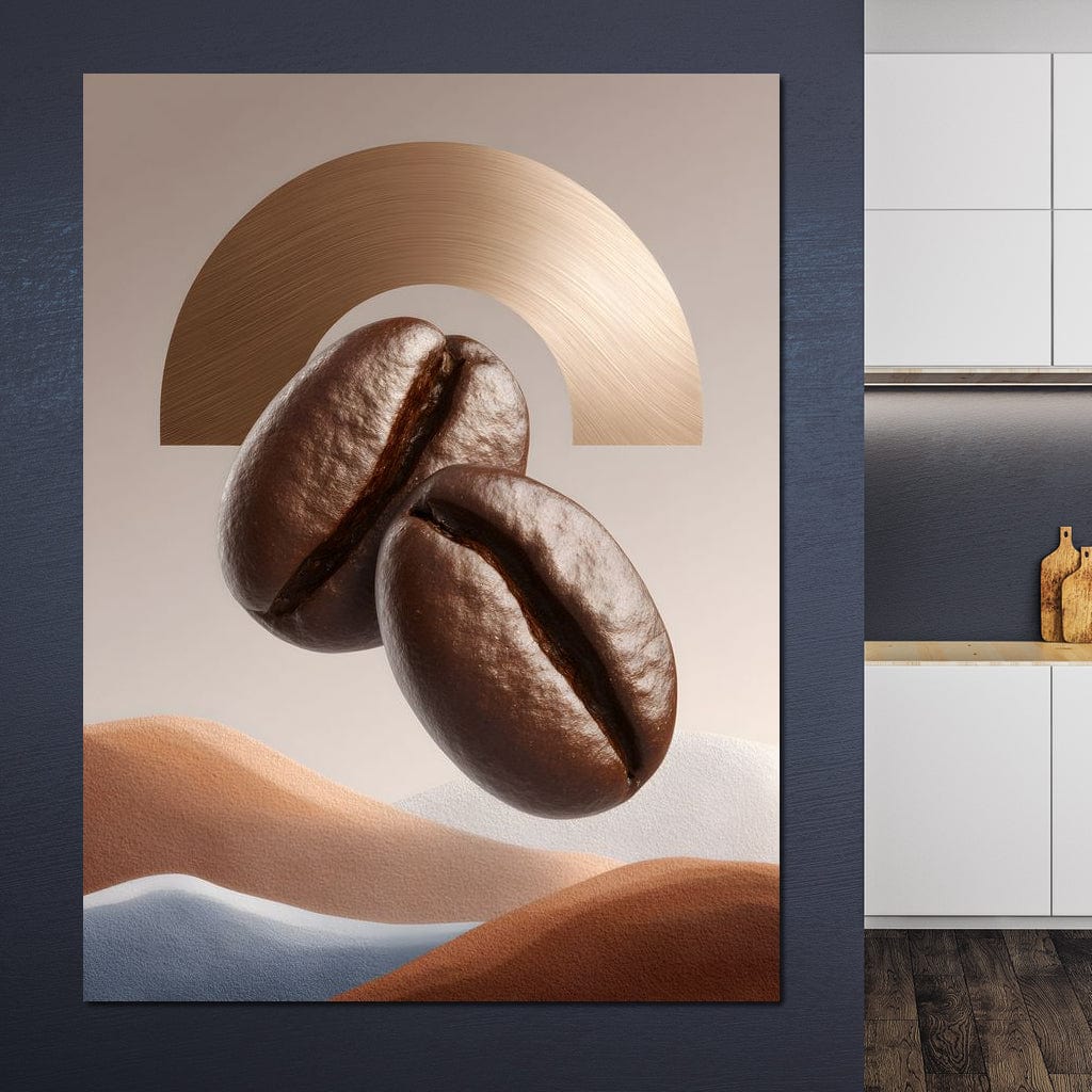 tablou canvas cu doua boabe de cafea, pe fundal abstract deschis, cu nuante calde de maro, auriu si bej