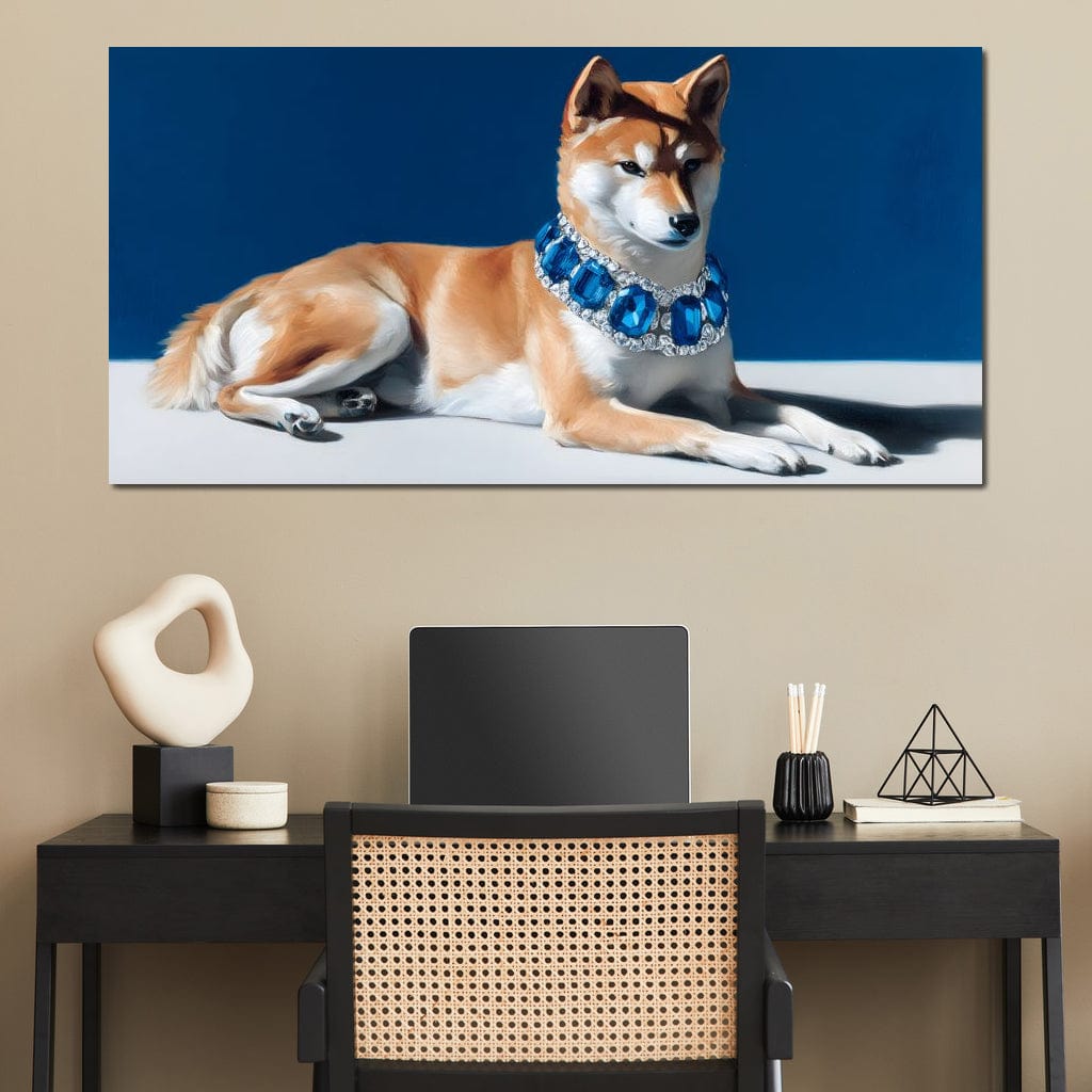 tablou canvas cu un caine shiba elegant, intr-o postura relaxanta purtand un colier cu pietre albastre, pe fundal minimalist albastru si alb