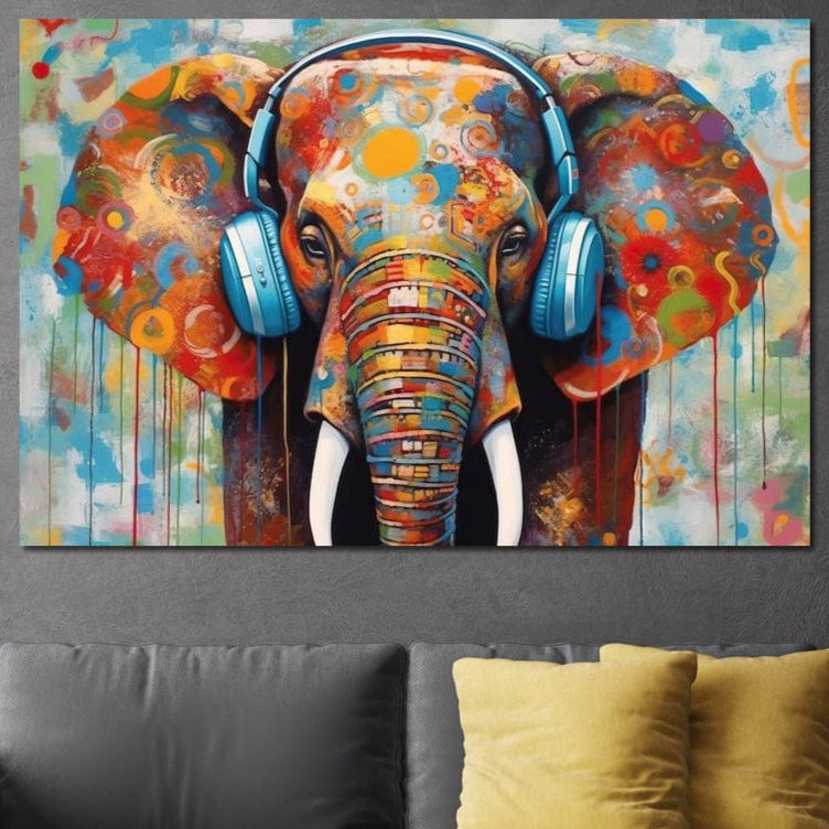 Tablou Canvas Premium, LuxCanva® M1312, Melodia Savanei, Funky, Ritm, Muzica, Elefant, Casti, Abstract, Pictura, Graffiti, Urban, Tribal, Colorat, Modern, Urban, Birou, Living, Camera Copil