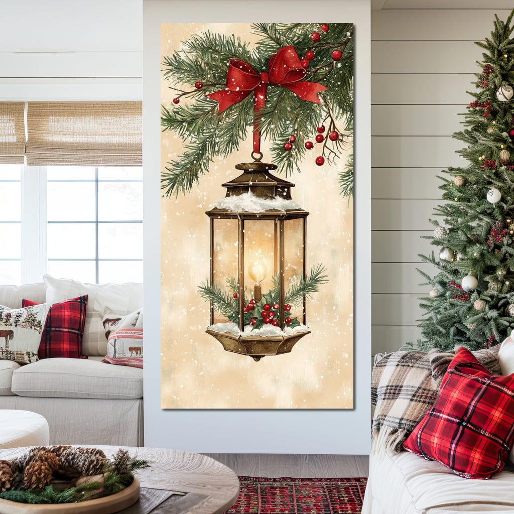 Tablou Canvas Premium LuxCanva® D1059, Felinarul Impodobit , Felinar, Brad, Lumina, Auriu, Casa, Zapada, Living Room, Culori vibrante