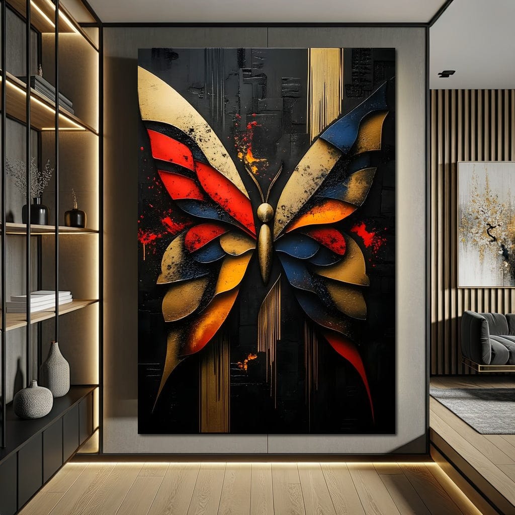 tablou canvas cu un fluture compus din forme si texturi metalice in nuante de rosu, auriu si albastru, pe fundal abstract intunecat