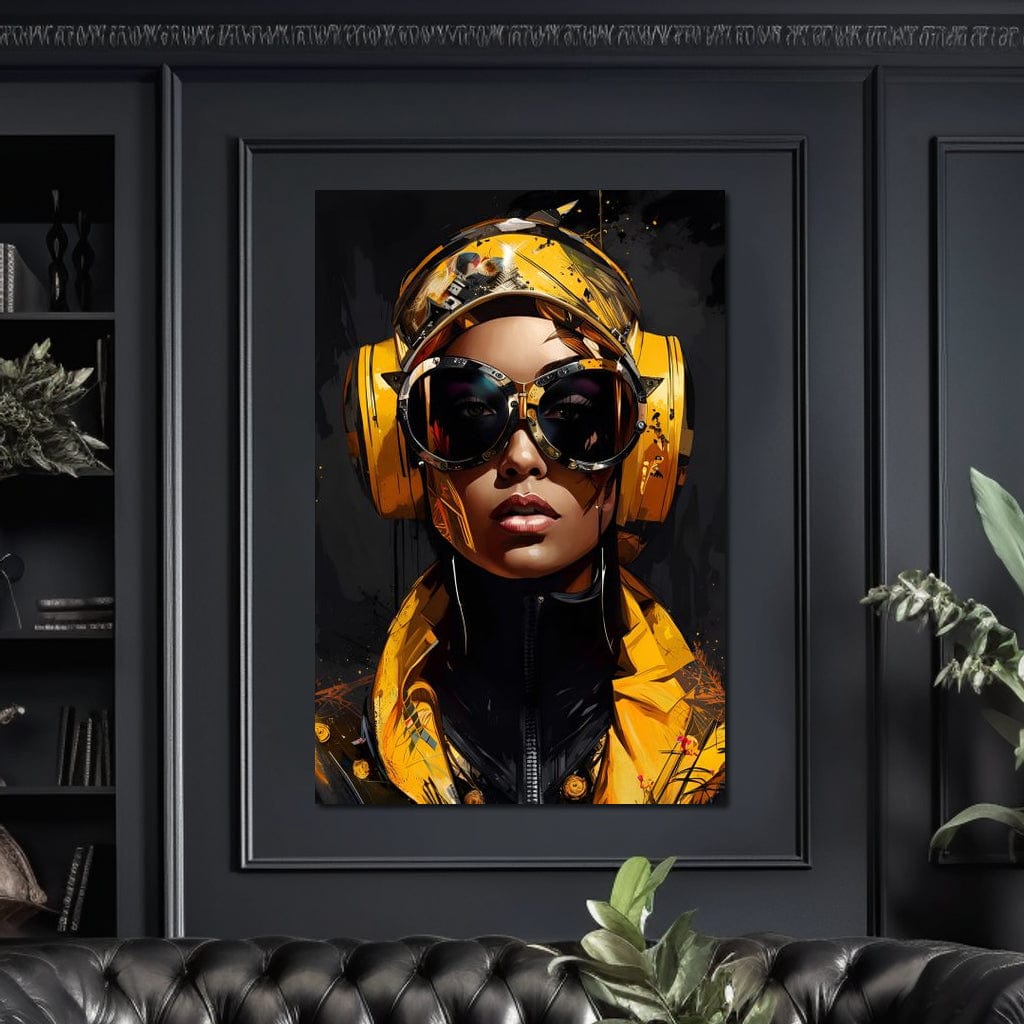 Tablou Canvas Premium, LuxCanva® G1098, Fata Viitorului, Privire, Cyber, Galben, Ochelari, Casti, Urban, Galactic, Avangardist, Living, Dormitor