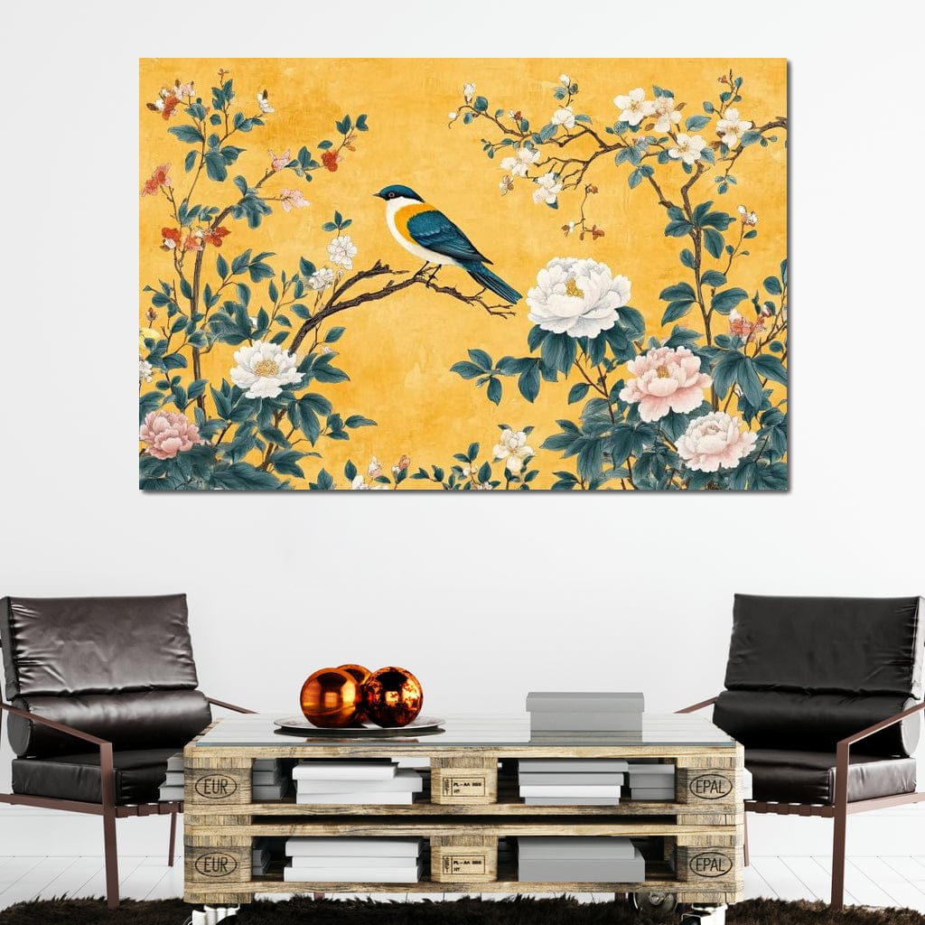 tablou canvas cu o pasare albastra pe o ramura inflorita si inconjurata de bujori, pe fundal galben