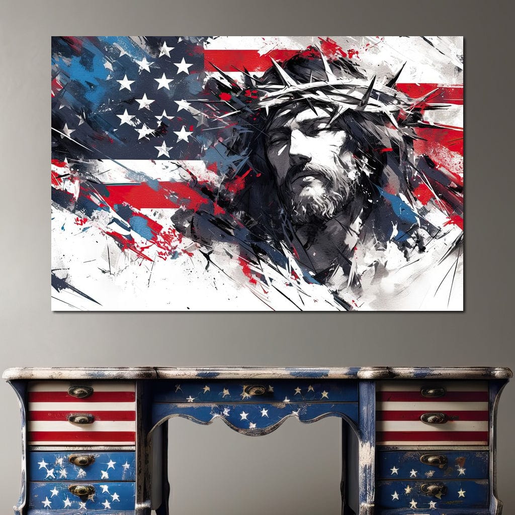 Tablou Canvas Premium LuxCanva® H1045, Credinta si Patrie, Patriotism, Drapel, Libertate, Coroana de Spini, Sacrificiu, Mantuire, Arta Religioasa, Living, Dormitor