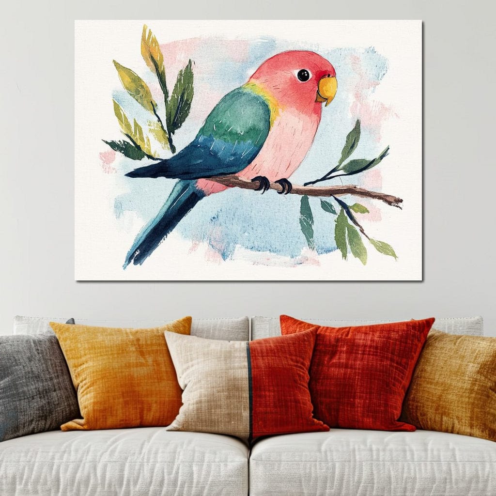 tablou canvas cu un papagal mic si colorat pe o ramura, pe fundal pastelat stil acuarela