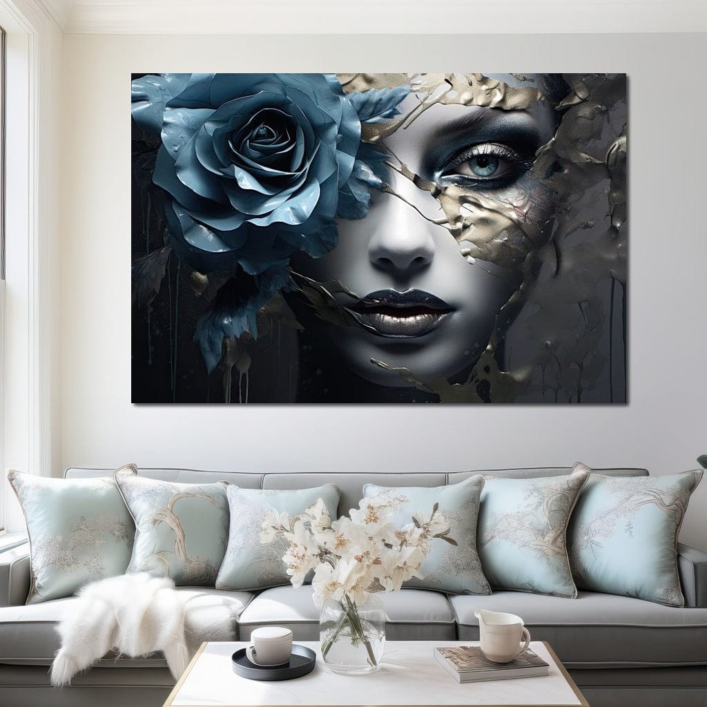 Tablou Canvas Premium, LuxCanva® G1202, Chip in Reconstructie, Cicatrici, Auriu, Albastru, Trandafir, Chip, Metamorfoza, Imposibil, Fisura, Poezie, Emotie, Gotic, Birou, Living, Dormitor