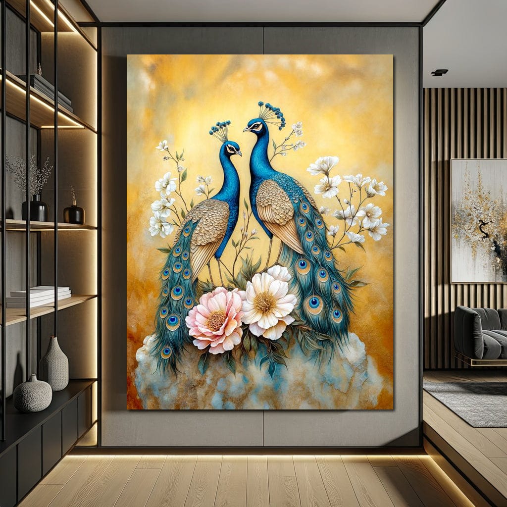 tablou canvas cu doi pauni eleganti inconjurati de flori albe pe fundal auriu