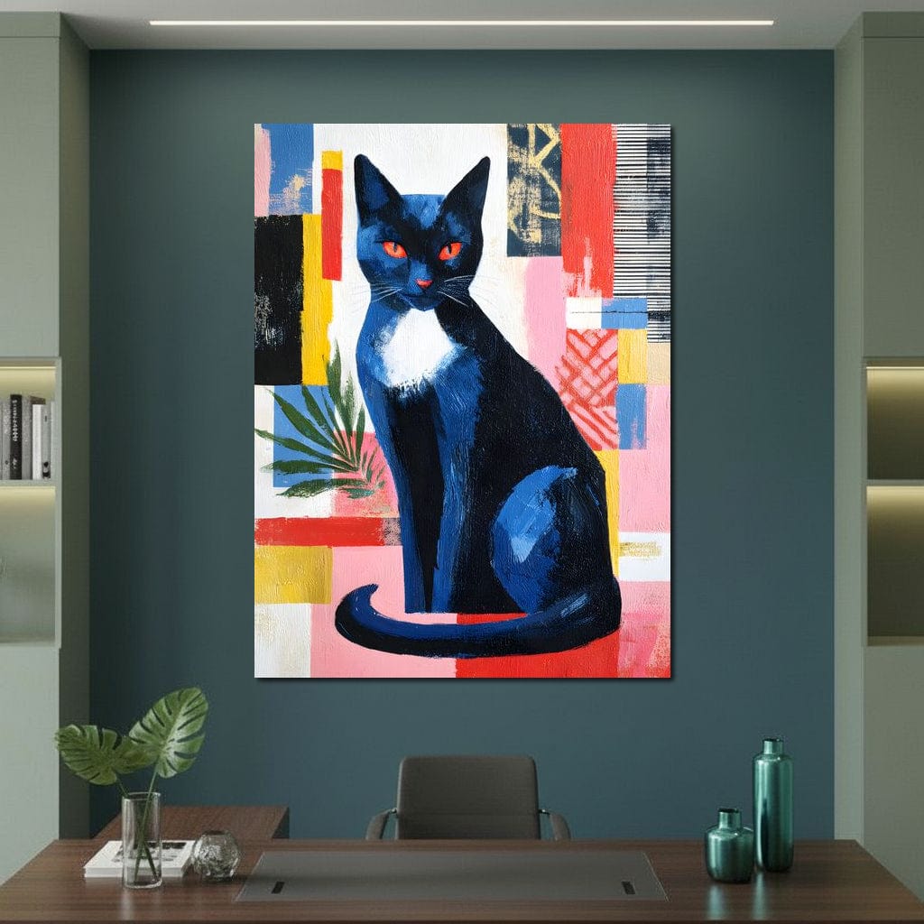 tablou canvas cu o pisica neagra cu ochii rosii, pe fundal abstract multicolor