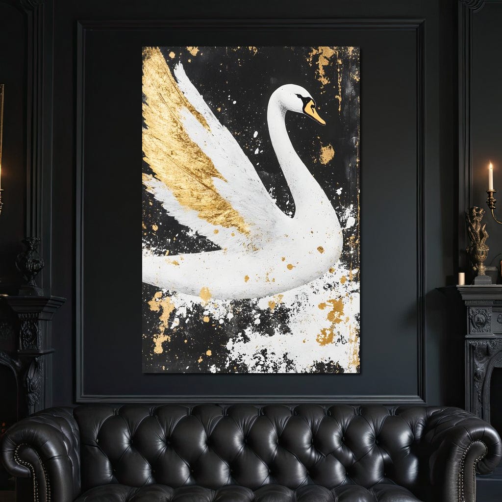 tablou canvas cu o lebada alba pe fundal negru decorativ si detalii aurii