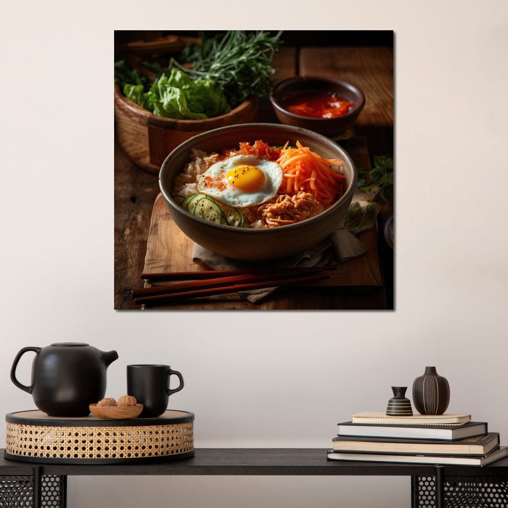tablou canvas cu mancare asiatica, cu ou prajit, morcovi, orez si castraveti intr-un bol oriental, pe o masa de lemn alaturi de sos rosu si verdeturi