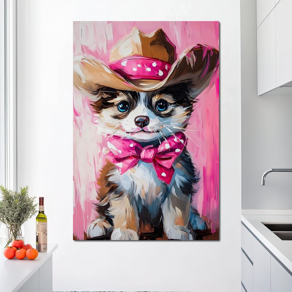 tablou canvas cu un catelus cu palarie de cowboy si fundita roz cu buline, pe fundal pictat in nuante deschise de roz