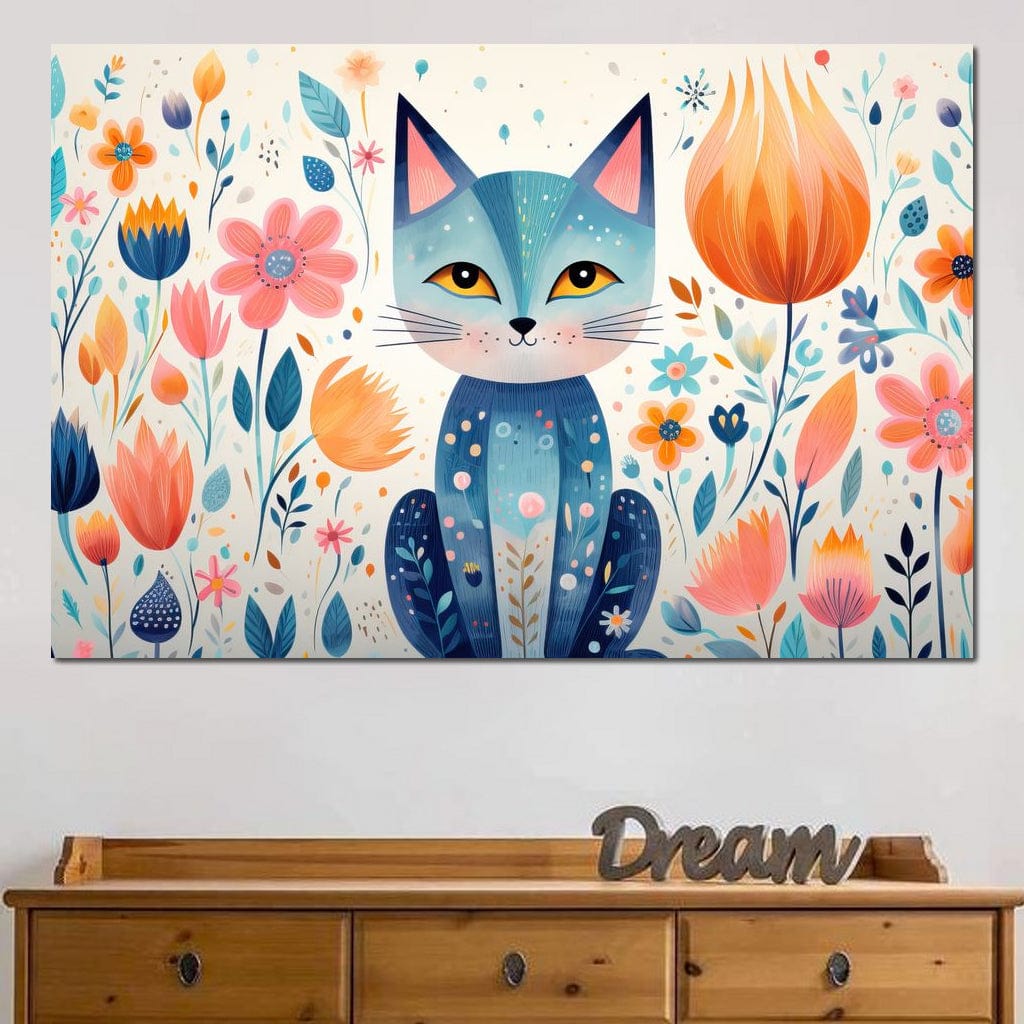Tablou Canvas Premium, LuxCanva® K1012, Miau Printre Petale, Mustati, Urechi, Pisicesc, Zambet, Soare, Magie, Gradina, Pastelata, Decor, Fundal, Floral, Felina, Camera Copii