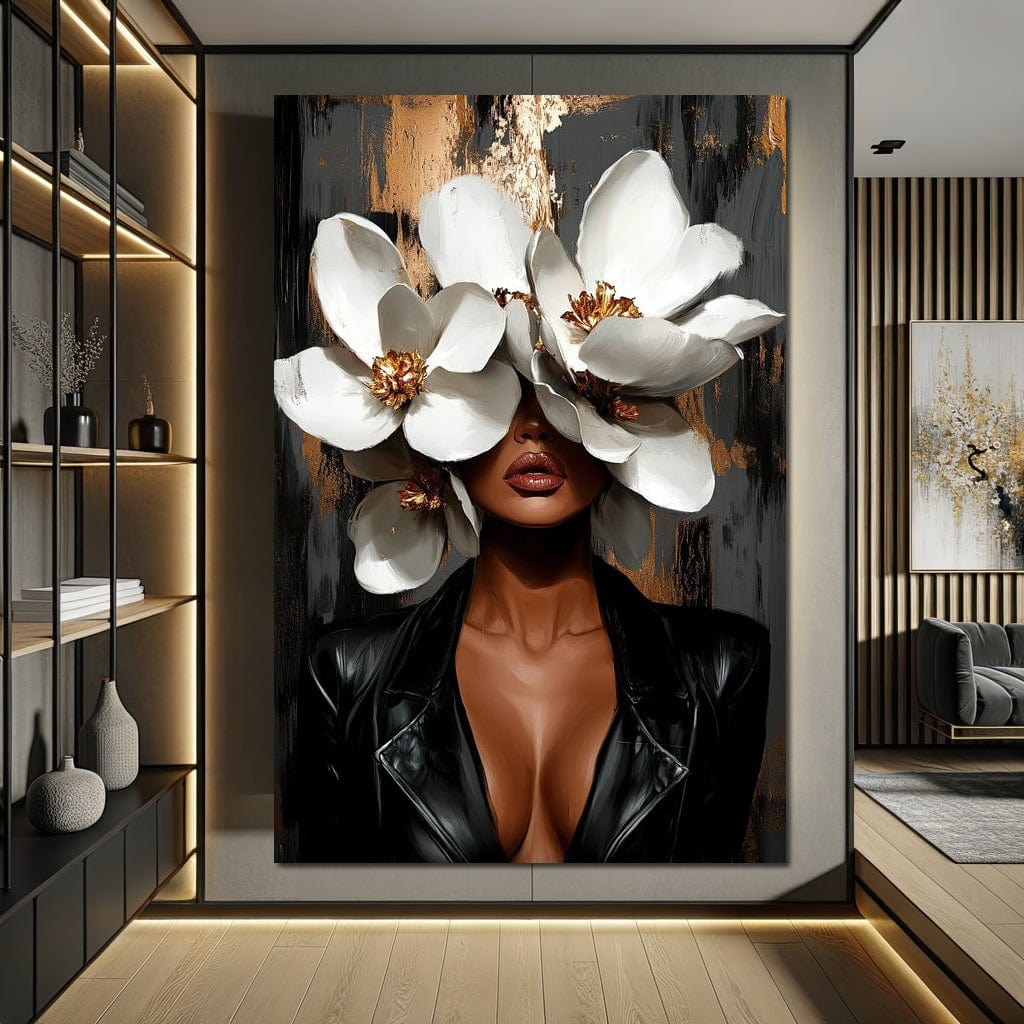Tablou Canvas Premium, LuxCanva® G1188, Magnolii si Piele, Fragil, Jacheta, Piele, Senzualitate, Fashion, Art, Forta, Gratie, Monocrom, Taina, Trup, Atitudine, Birou, Living, Dormitor