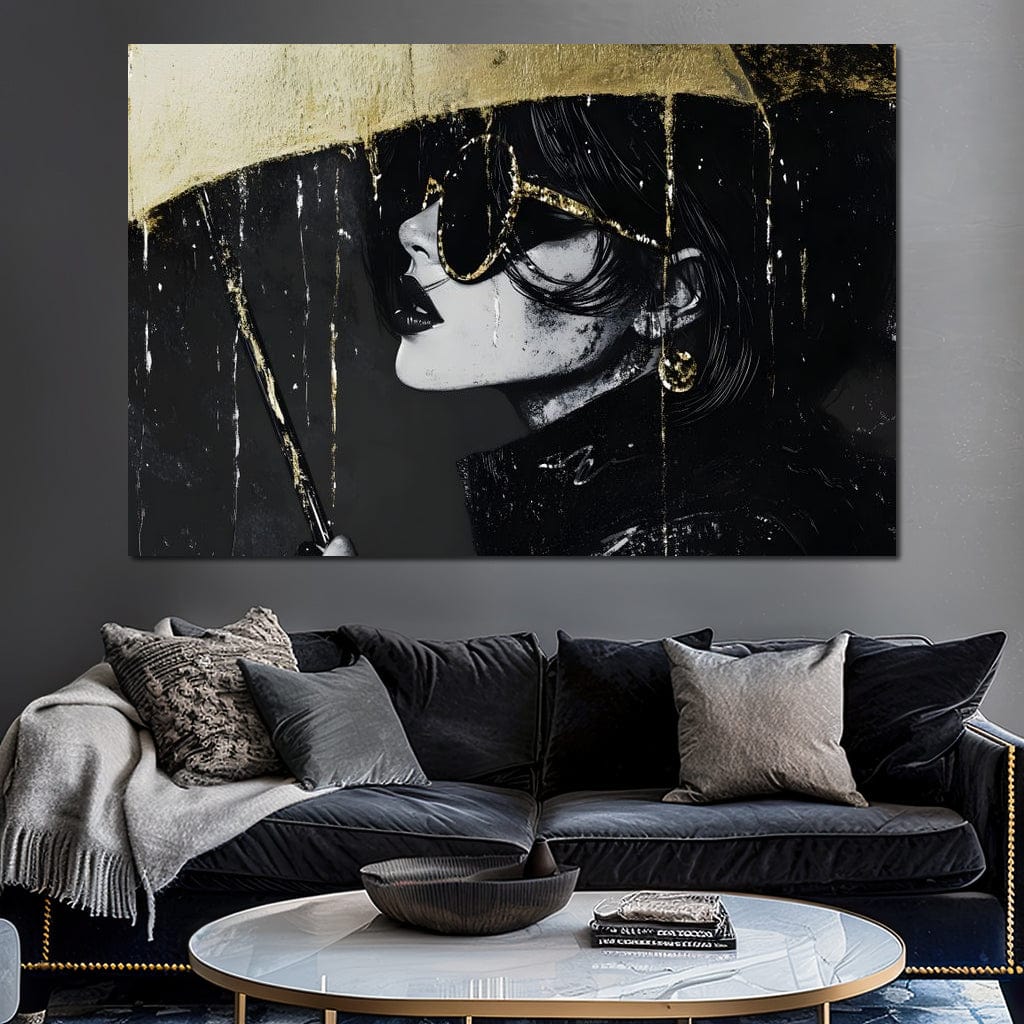 Tablou Canvas Premium, LuxCanva® G1153, Magia Ochelarilor Negrii, Nocturn, Portret, Umbrela, Aurie, Fashion, Diva, Eleganta, Lux, Enigmatica, Detectiv, Secret, Birou, Living, Dormitor