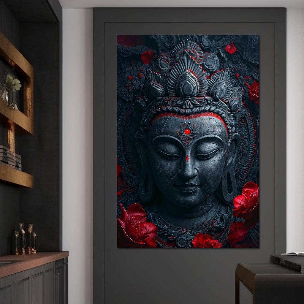 Tablou Canvas Premium LuxCanva® I132, Flori de Intelepciune, Buddha, Zen, Spiritualitate, Echilibru, Profunzime, Energie, Flori, Coroana, Noapte, Rosu, Living, Dormitor