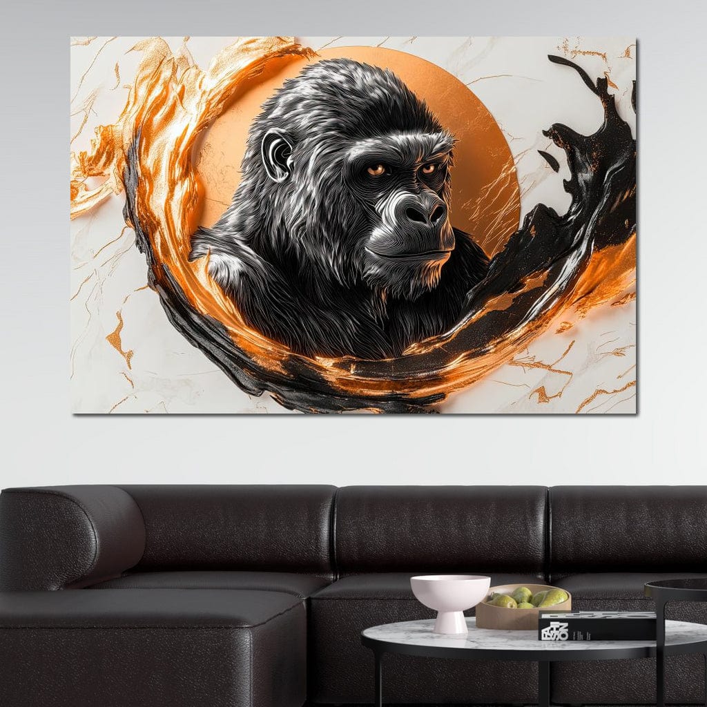 tablou canvas cu o gorila redata artistic intr-un foc lichid portocaliu si negru, in stil marmura