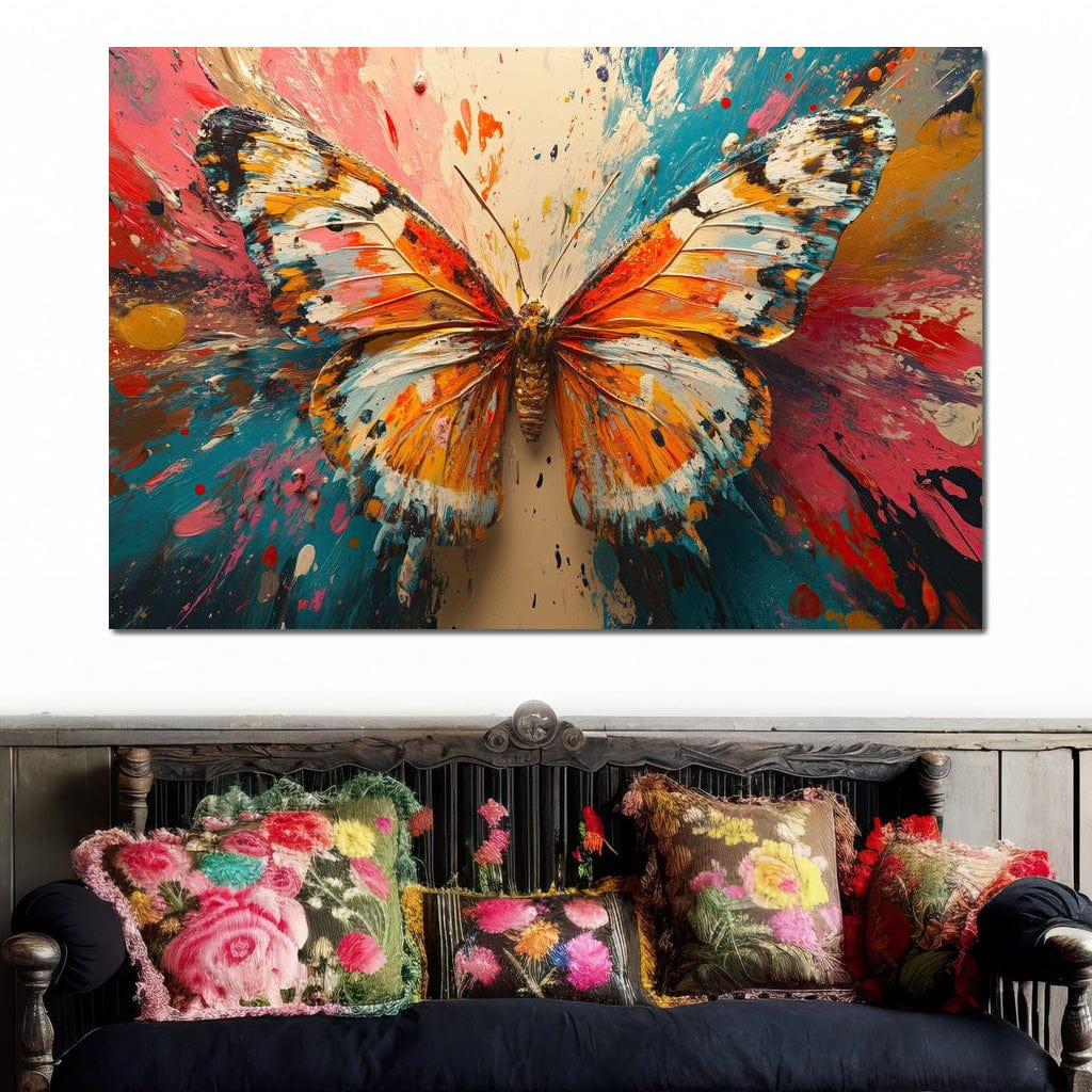 tablou canvas cu un fluture portocaliu pe fundal abstract multicolor
