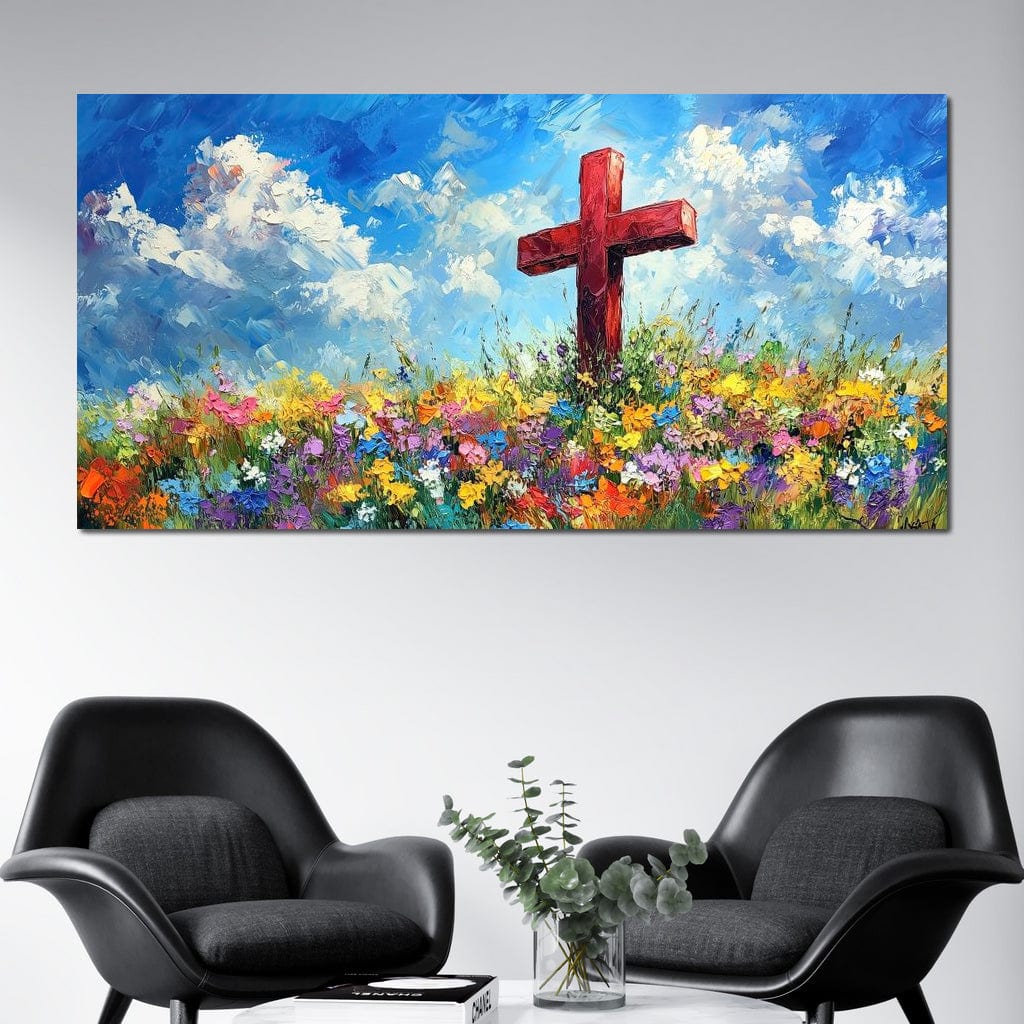 Tablou Canvas Premium LuxCanva® H1059, Gradina Raiului, Credinta, Cruce, Flori, Gradina, Lumina, Rasarit, Speranta, Puritate, Spiritualitate, Simbol Sacru, Living, Dormitor