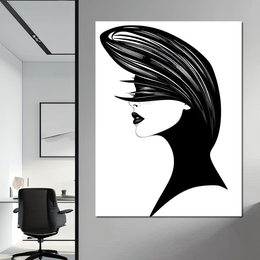 Tablou Canvas Premium, LuxCanva® G1131, Femeia din Umbra,Profil, Mister, Silueta, Stilizat, Alb, Negru, Eleganta, Moda, Arta, Minimalist, Lux, Rafinament, Birou, Living