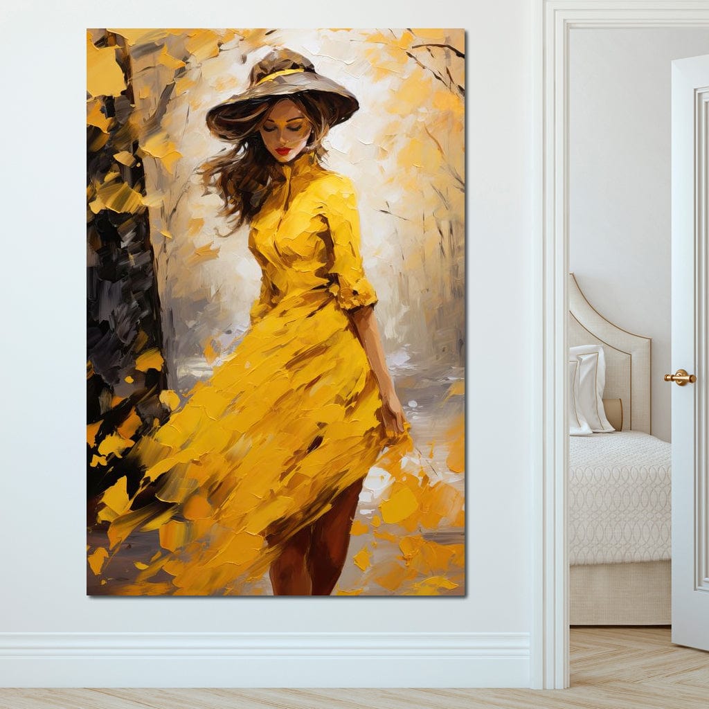 Tablou Canvas Premium, LuxCanva® G1121, Plimbare Prin Amintiri, Frunze, Galben, Toamna, Vant, Palarie, Vise, Eleganta, Natura, Romantism, Living, Dormitor