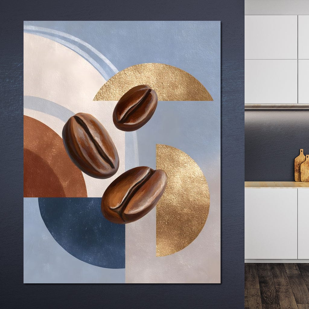 tablou canvas cu trei boabe de cafea pe fundal abstract in nuante reci de albastru in combinatie cu elemente calde, aurii si maro