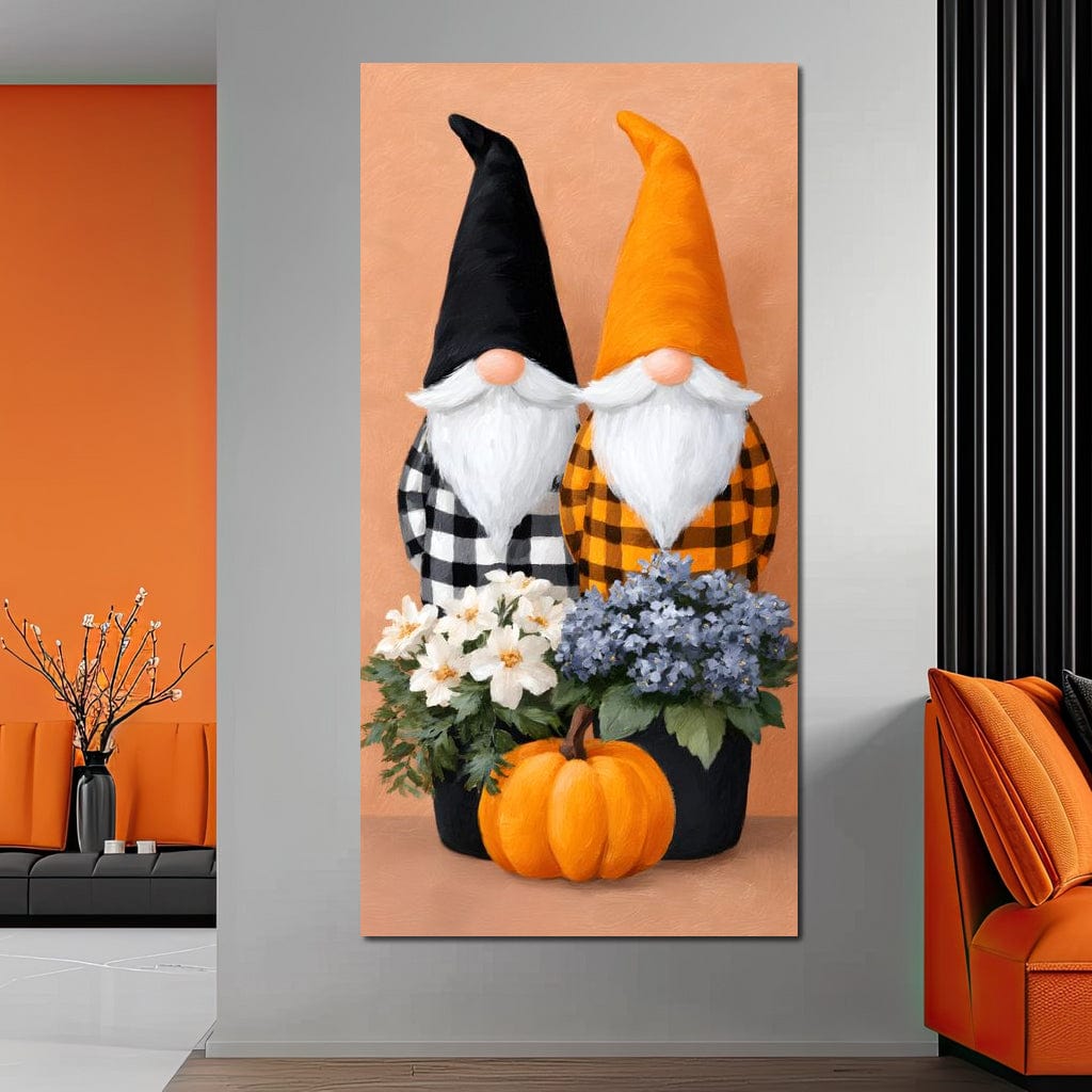 tablou canvas cu doi pitici cu doua buchete de flori si un dovleac pe fundal pastelat in stil Halloween