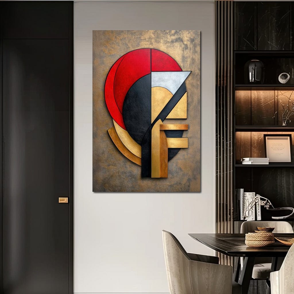 Tablou Canvas Premium, LuxCanva® J1001, Chip Fragmentat, Chip, Stilizat, Forme, Suprapus, Rosu. Galben, Echilibru, Disociere, Arta, Expozitie, Artist, Living, Dormitor