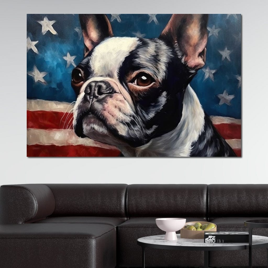 tablou canvas cu un caine boston terrier surprins din profil, pe fundal pictat cu steagul Americii 
