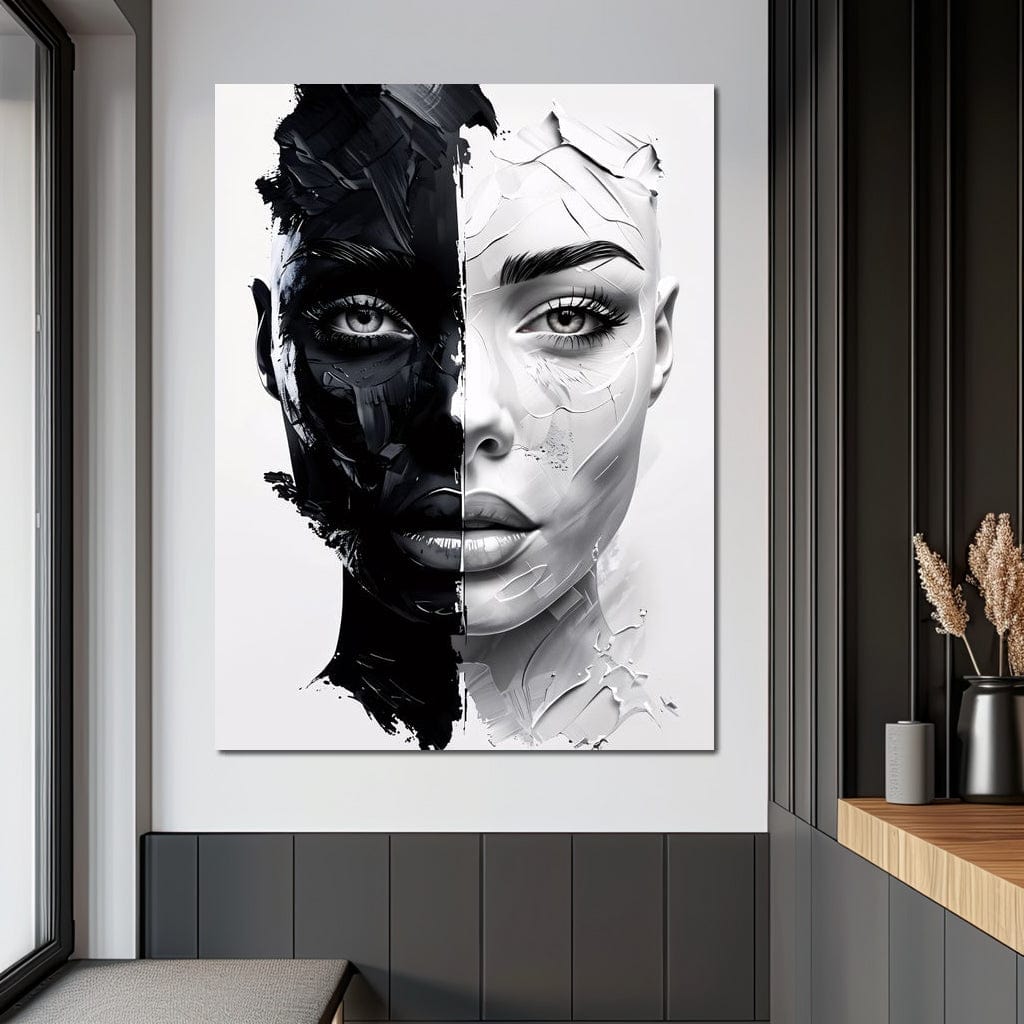 Tablou Canvas Premium, LuxCanva® G1163, Doua Fete, Un Suflet, Dualitate, Alb, Negru, Monocrom, Yin, Yang, Lumina, Impact, Negura, Armonie, Chipuri, Femei, Inima, Birou, Living, Dormitor