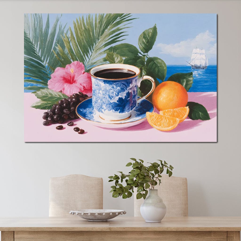 tablou canvas cu o ceasca de cafea, o portocala si boabe de cafea, pe o masa roz cu flori si frunze, pe fundal exotic cu o barca pe apa
