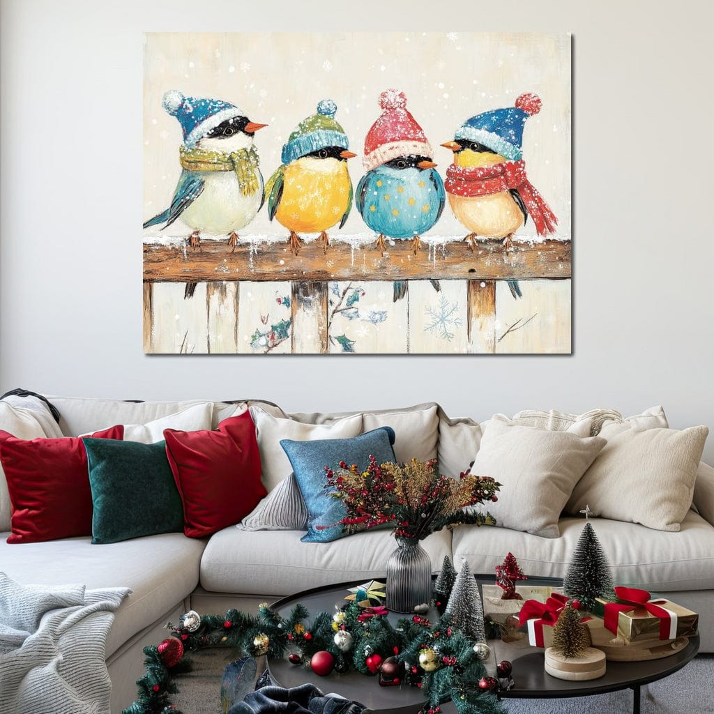 Tablou Canvas Premium LuxCanva® D1045, Moda Iernii pentru Inaripati , Vrabiute, Iarna, Prieteni, Zapada, Discutii, Living Room, Culori vibrante