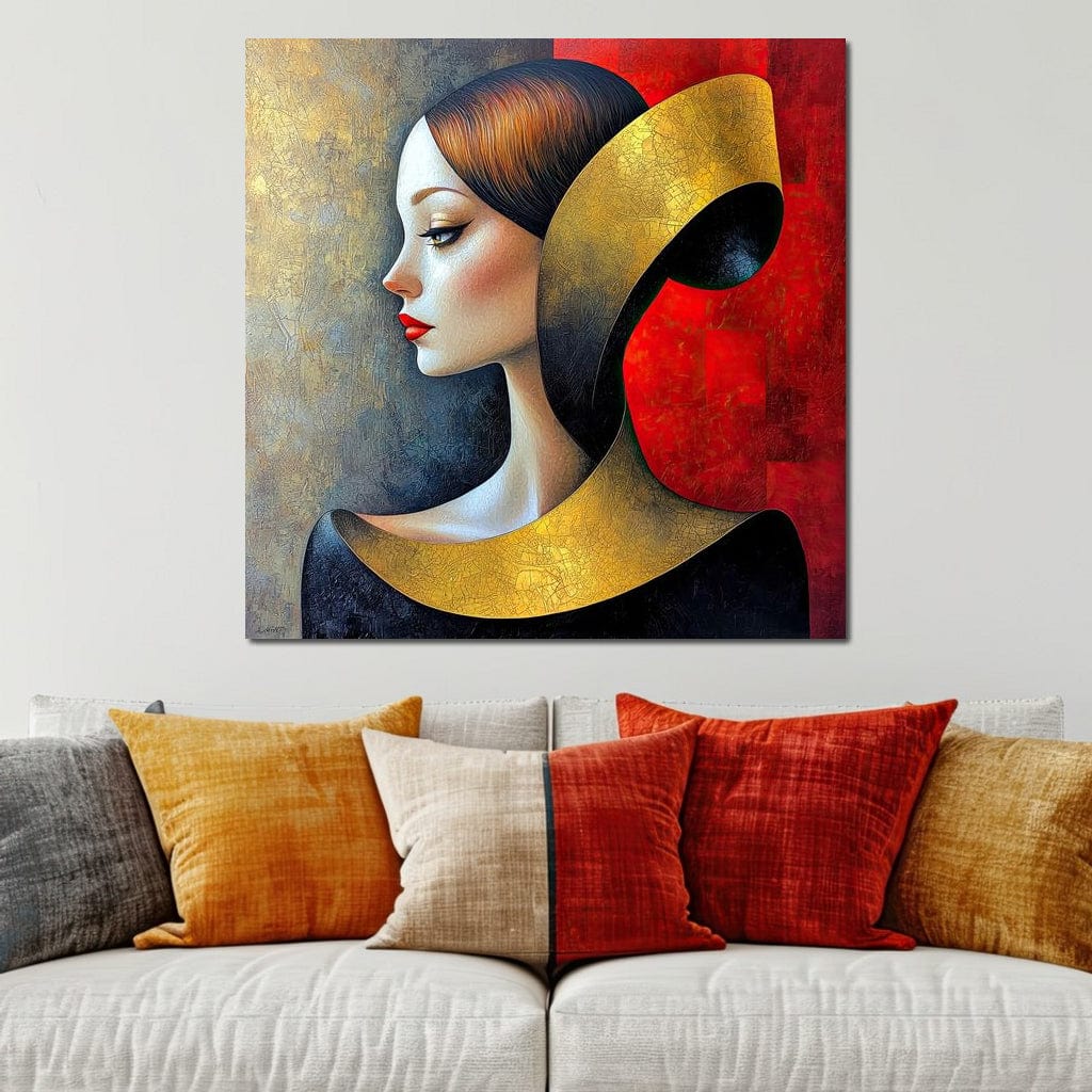 Tablou Canvas Premium, LuxCanva® G1123, Tacerea Geometrica, Femeie, Profil, Aur, Rosu, Arta, Expozitie, Abstract, Geometrie, Tacere, Living, Dormitor