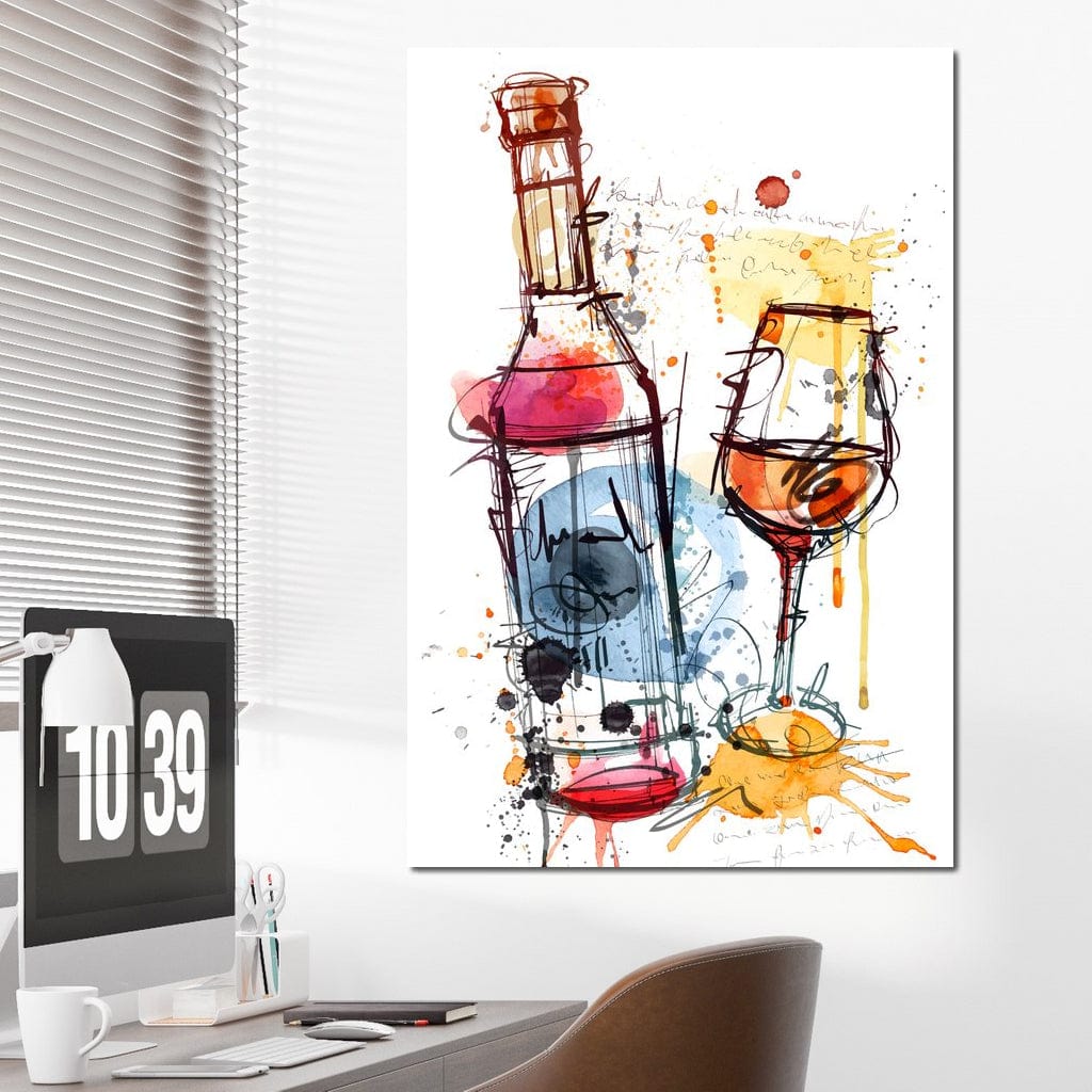 tablou canvas cu o sticla si un pahar de vin, desenate in stil abstract in culori jucause pe fundal deschis