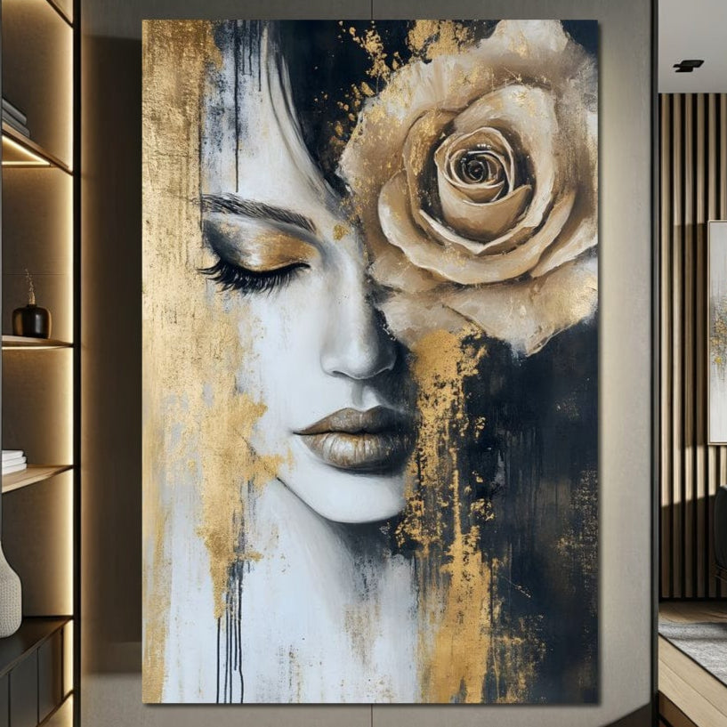 Tablou Canvas Premium, LuxCanva® G1207, Regina muta, Gold, Trandafir, Delicatete, Portret, Fragilitate, Chip, Petale, Umbra, Alchimie, Divin, Taina, Inger, Ochi, Suflet, Salon, Birou, Living, Dormitor