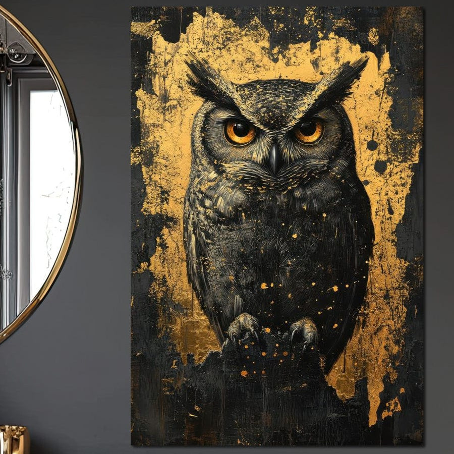 tablou canvas cu o bufnita enigmatica pe fundal texturat auriu si negru