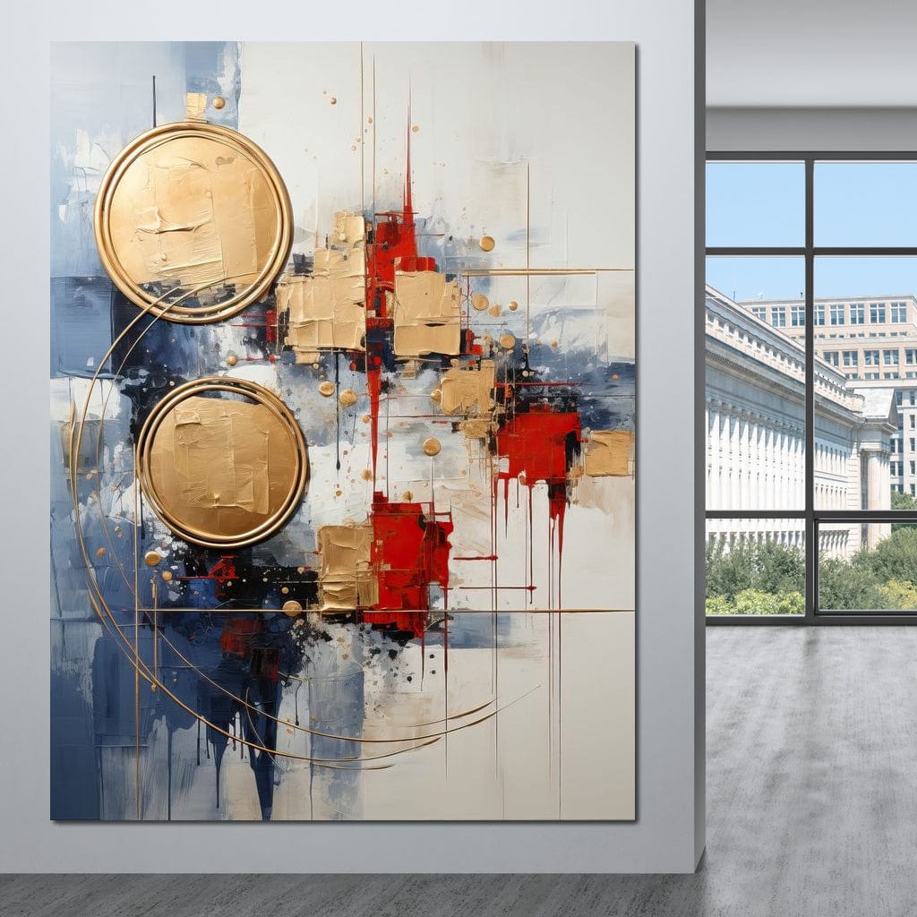 Tablou Canvas Premium, LuxCanva® J1018, Alchimie Geometrica,  Arta, Abstracta, Cercuri, Auriu, 3D, Orbita, Cobalt, Simbolism, Design, Decoratiune, Magie, Living, Dormitor