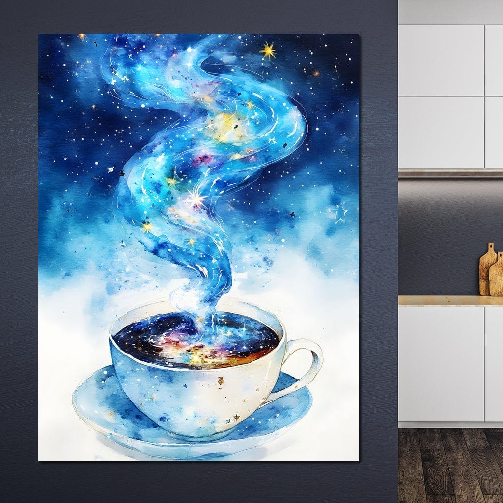 tablou canvas cu o ceasca de cafea alba, cu aburi albastri pe fundal nocturn albastru cu stele aurii