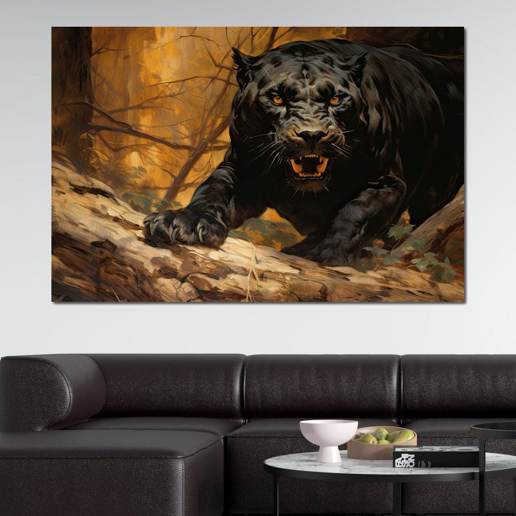 tablou canvas cu o pantera neagra in moment de vanatoare, pe fundal de padure in nuante calde