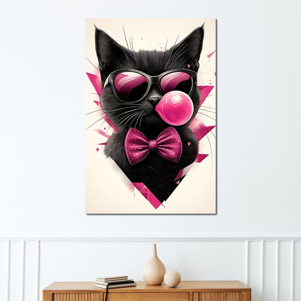 tablou canvas cu o pisica neagra cu ochelari negri, fundita si balon de guma roz, pe fundal abstract deschis
