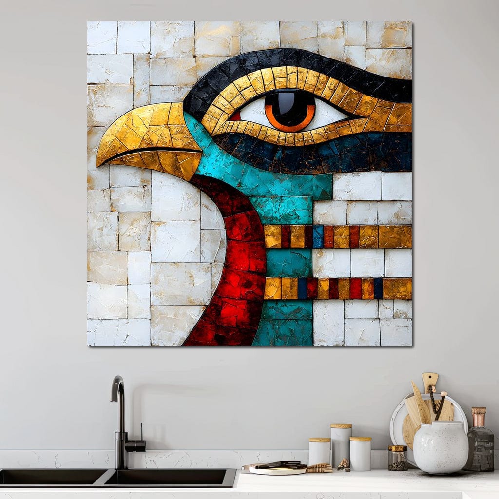 tablou canvas cu o pasare in stil egiptean redat in culori vibrante si forme geometrice